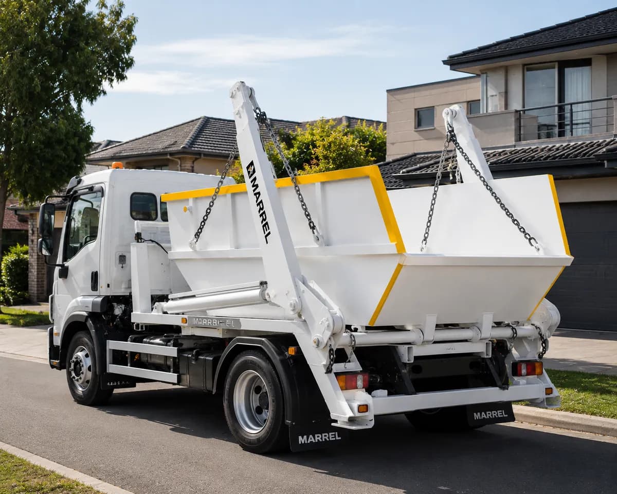 Darebin Skip Bin Hire truck delivering a skip bin in a Melbourne suburb